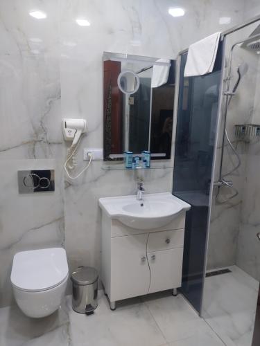 a bathroom with a toilet and a sink and a shower at Hotel Roma & Tours in Yerevan