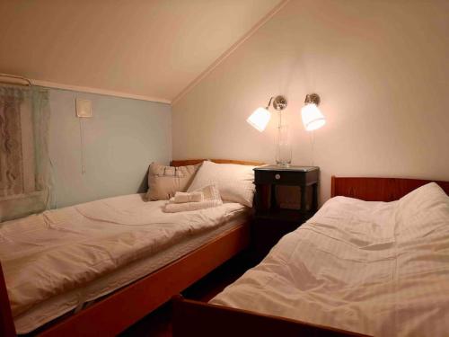 two beds in a bedroom with two lights on the wall at Vestermo farm house in Brandvoll