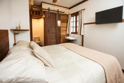 a bedroom with a large bed and a flat screen tv at RUSTIKA Bed and breakfast in Viña del Mar