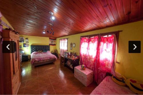 LozanoにあるCasita Lozanoのベッドルーム(ベッド1台、赤いカーテン付)
