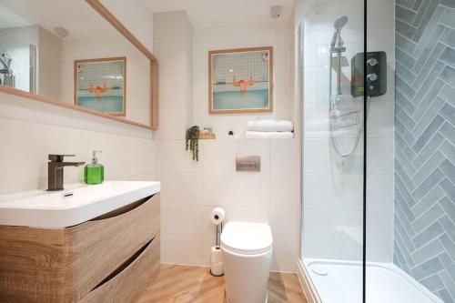 a bathroom with a sink and a toilet and a shower at Stylish and modern city centre apartment with easy parking in Worcester