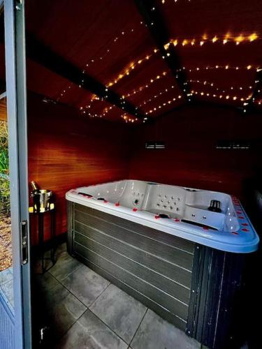 Cette chambre dispose d'un bain à remous et de lumières au plafond. dans l'établissement Maison Aveny Spa, à Aveny