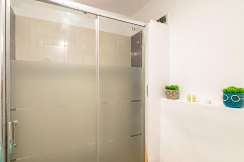 una puerta de ducha de cristal en un baño con plantas en Apartament Brazda - Rendez Vous, en Craiova