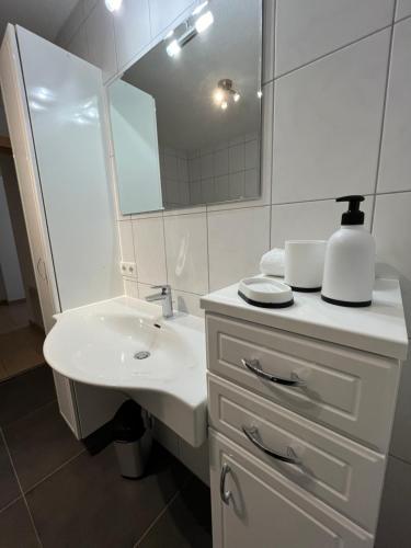 Baño blanco con lavabo y espejo en Berg Apart Anna, en Zaunhof