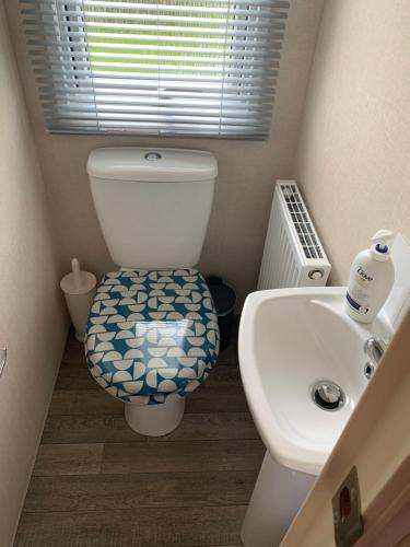 een kleine badkamer met een toilet en een wastafel bij Bude 13 in Cubert