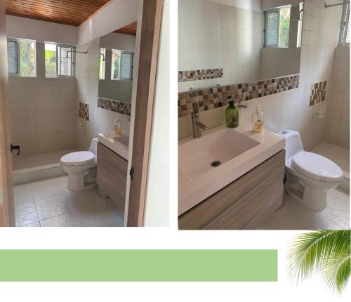 Dos imágenes de un baño con inodoro y lavabo. en Casa con piscina privada Vía melgar Carmen de Apicalá, en Melgar