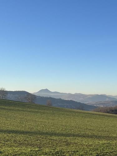 a field of green grass with mountains in the background at Le Logis d'Hortense in Vic-le-Comte