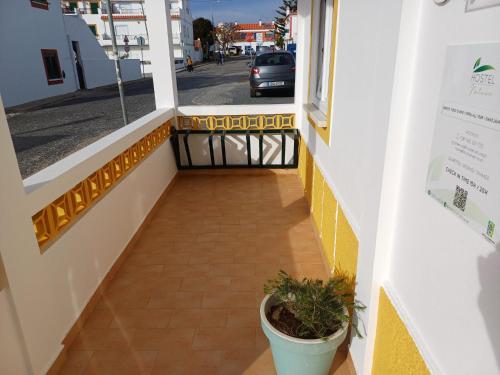 a hallway with a plant in a pot on a sidewalk at Hostel Nature in Zambujeira do Mar