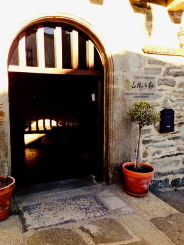 a door to a building with a potted tree in it at La Hoja de Roble in Puebla de Sanabria
