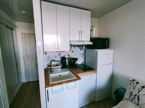 une petite cuisine avec un évier et un réfrigérateur dans l'établissement Studio Résidence GALAXIE, hyper centre station, au Corbier