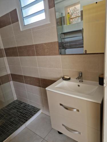 uma casa de banho com um lavatório e um espelho em An'Kanna em Petit-Bourg