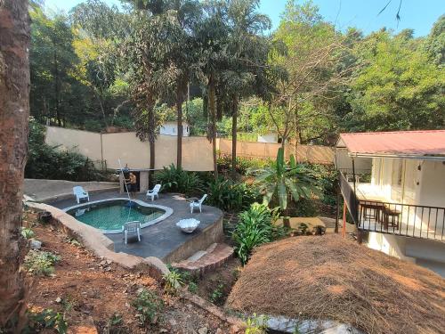 a garden with a small pool in a yard at Rooms in Greek Jungle Villa, Thalassa Road in Siolim