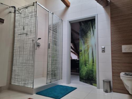 a bathroom with a shower with a glass door at Ferienwohnung Haus Madlen in Kirschau