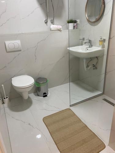 a white bathroom with a toilet and a sink at Villa Jelena in Negotino