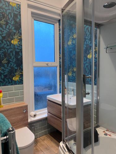a bathroom with a shower and a toilet and a sink at Staincliff House in Sandown