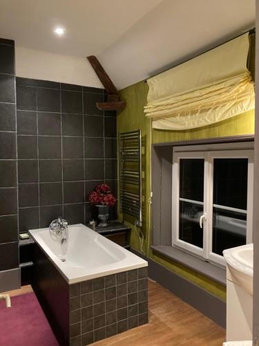 uma casa de banho com uma banheira e uma janela em Les ateliers d’Aumâtre em Aumâtre