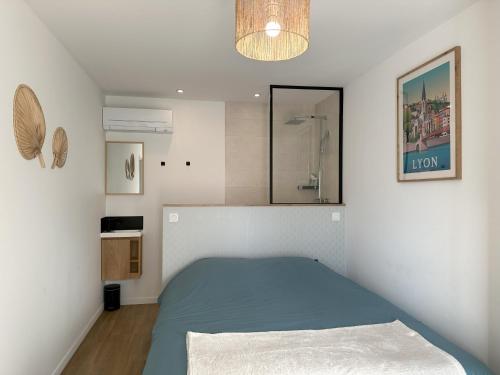 sypialnia z niebieskim łóżkiem i lustrem w obiekcie Sunny House - Villa 4 chambres - Saint Genis Les Ollières w mieście Saint-Genis-les-Ollières