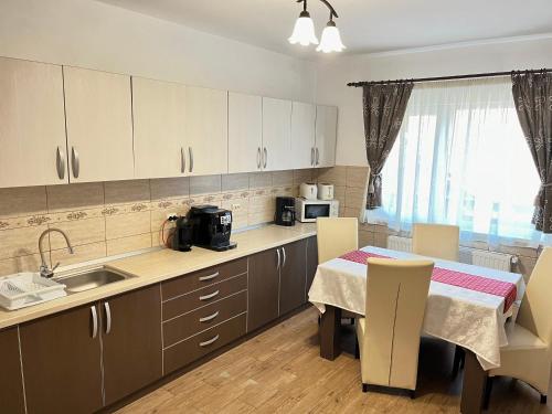 a kitchen with a table and a sink and a table and chairs at Vila Anto in Şimon