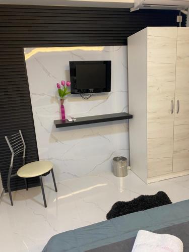 a living room with a tv on a wall at Villa Jelena in Negotino