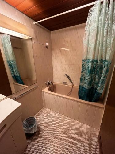 a bathroom with a tub and a shower curtain at Hotel zur Post limburg Bad camberg in Hünfelden