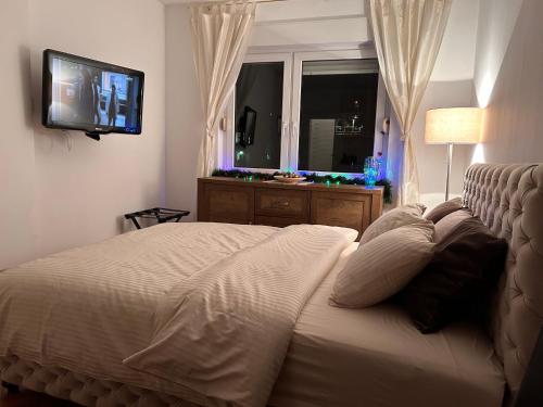 a bedroom with a bed with a television and a window at Cozy with parking in Zemun
