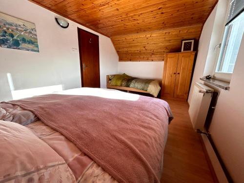 1 dormitorio con cama y techo de madera en Apartma Bine, en Cerkno
