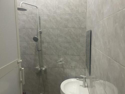 uma casa de banho com um chuveiro e um lavatório. em The First Royal Tour Lodge em Dodoma