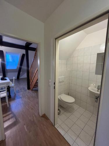 łazienka z toaletą i umywalką w obiekcie Schönes Appartment in Zentrumsnähe w Grazu