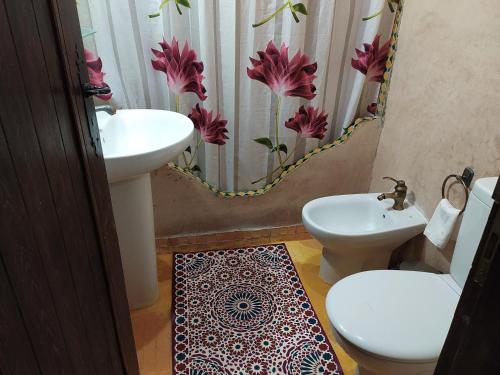 La salle de bains est pourvue d'un lavabo, de toilettes et d'un rideau de douche. dans l'établissement Maison d'Hôtes Akchour, à Chefchaouen