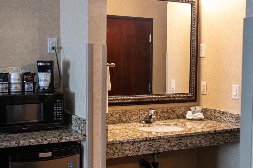 ein Badezimmer mit einem Waschbecken, einer Mikrowelle und einem Spiegel in der Unterkunft Best Western University Inn and Suites in Forest Grove
