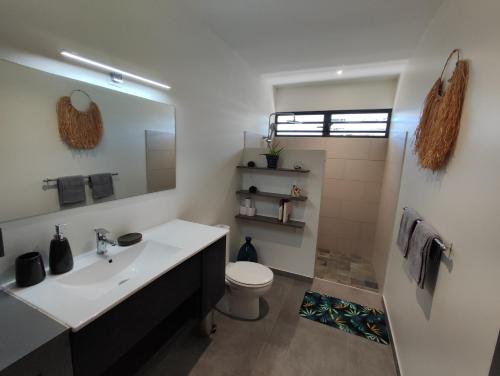 bagno con lavandino, servizi igienici e specchio di Le Fare Cosy Kiwi et le Fare Cosy Tiki a Faaa