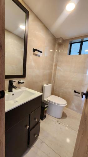 a bathroom with a toilet and a sink and a mirror at la terraza departamentos 301 in Cuenca