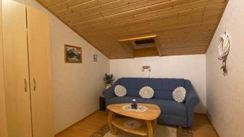 皮恩山口施皮塔爾的住宿－Haus Nardin，客厅配有蓝色的沙发和桌子