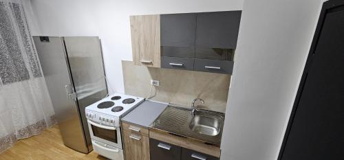 Il comprend une petite cuisine équipée d'une cuisinière et d'un réfrigérateur. dans l'établissement Apartman Tas, à Belgrade