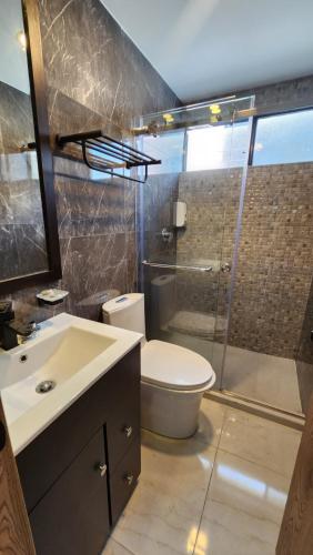 une salle de bain avec toilettes, douche et lavabo dans l'établissement La Terraza departamentos 401, à Cuenca
