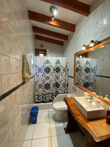 a bathroom with a toilet and a sink and a shower at Cabaña Malalcahuello con playa de Rio in Malalcahuello
