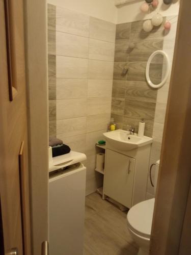 a small bathroom with a toilet and a sink at MIESZKANIE SUCHEDNIÓW ul Bugaj 2a79 in Suchedniów