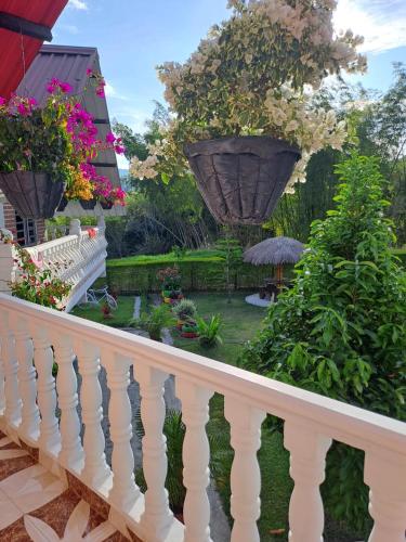 a balcony with flowering plants and a garden at Cabañas Amalú in San Agustín
