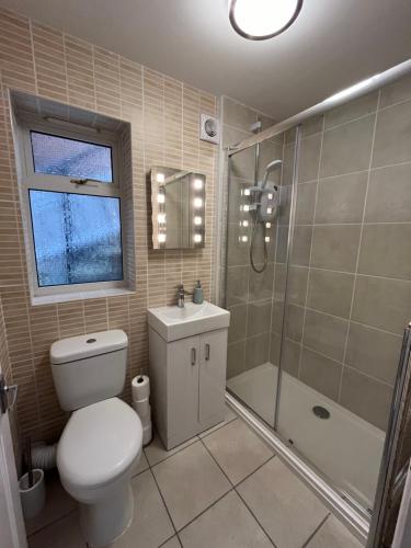 a bathroom with a toilet and a shower and a sink at Otter Holt, beautiful East Devon in Tipton Saint John