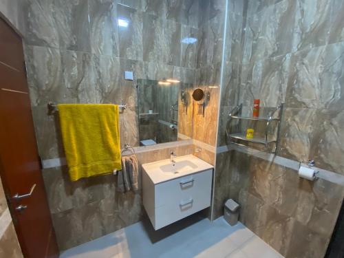 La salle de bains est pourvue d'un lavabo et d'un miroir. dans l'établissement THE LANDING LODGE-ABIDJAN, à Abidjan