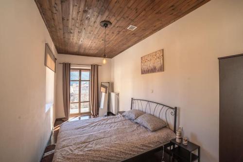 a bedroom with a bed with a wooden ceiling at Valtesiniko View in Valtessiniko