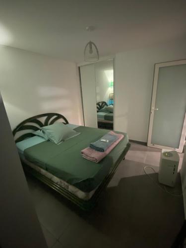 um quarto com uma cama e um espelho em Villa Mahault em Petit-Bourg