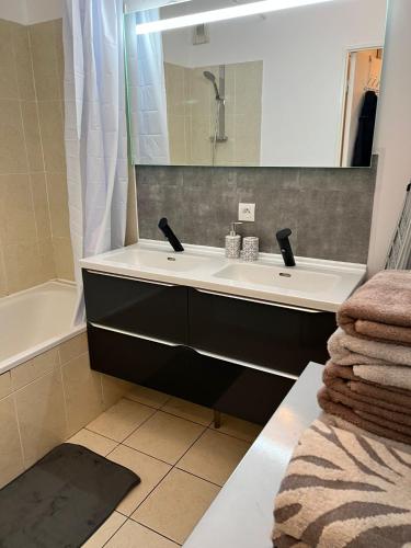 a bathroom with a sink and a mirror and a tub at cosy appartement Disneyland Paris val d'Europe la vallée Village parking inclus 650m de la gare RER in Montévrain