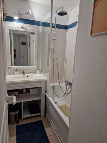 une salle de bain avec douche et lavabo dans l'établissement Résidence Gascogne \ appartement 116, à Biscarrosse