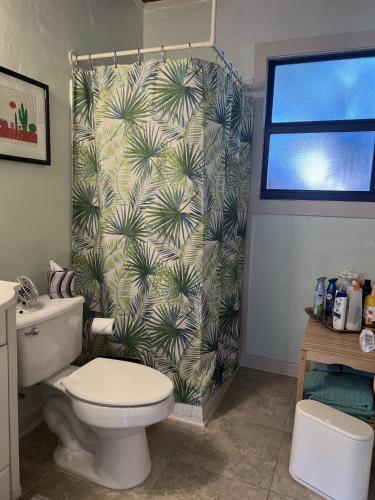 a bathroom with a toilet and a shower curtain at The Cottage at Pineapple House in West Palm Beach