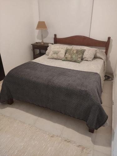 1 dormitorio con 1 cama grande con manta gris en DEPARTAMENTO BARRIO INCONE en Formosa