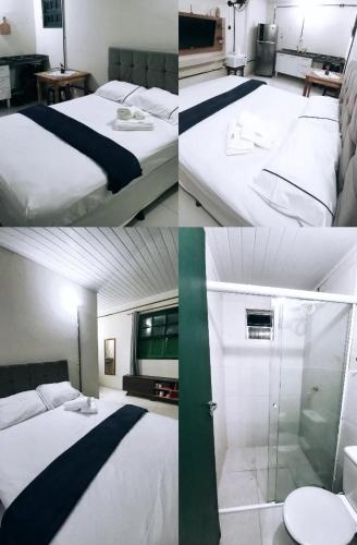 4 fotos de una habitación de hotel con cama y baño en Condomínio Village Paraty, en Paraty