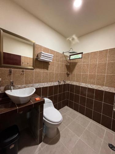 的住宿－500 noches，一间带卫生间、水槽和镜子的浴室