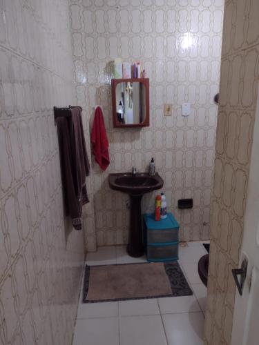 La petite salle de bains est pourvue d'un lavabo et d'un miroir. dans l'établissement Apartamento no circuito do carnaval, à Salvador