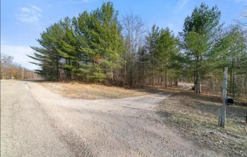 an empty road with trees and a fence at Up North No Worries - Close to Mackinac Island Ferry! in Carp Lake